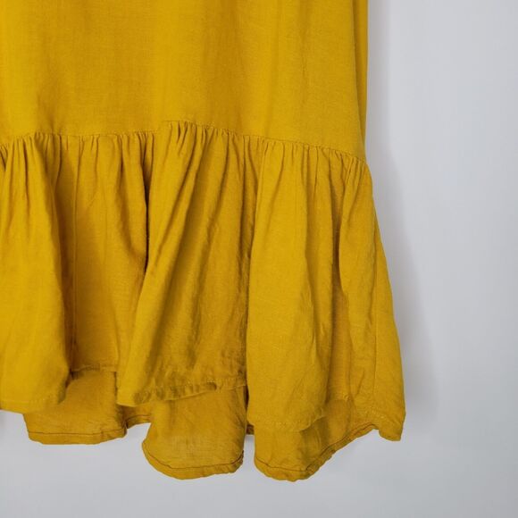 Babydoll Mustard Yellow Top Size M Ruffle Linen Blend Shoulder Bows Sleeveless - Picture 7 of 11